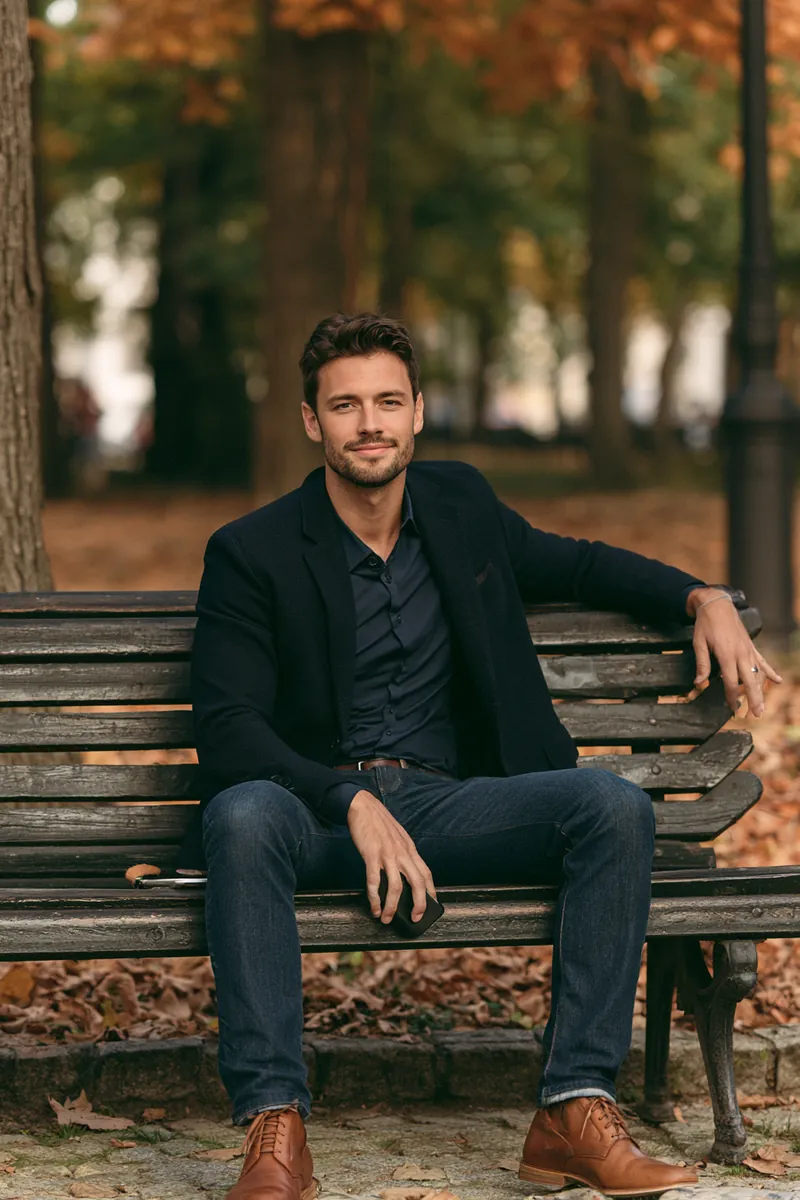 American man relaxing on a park bench after submitting his personal loan request by phone