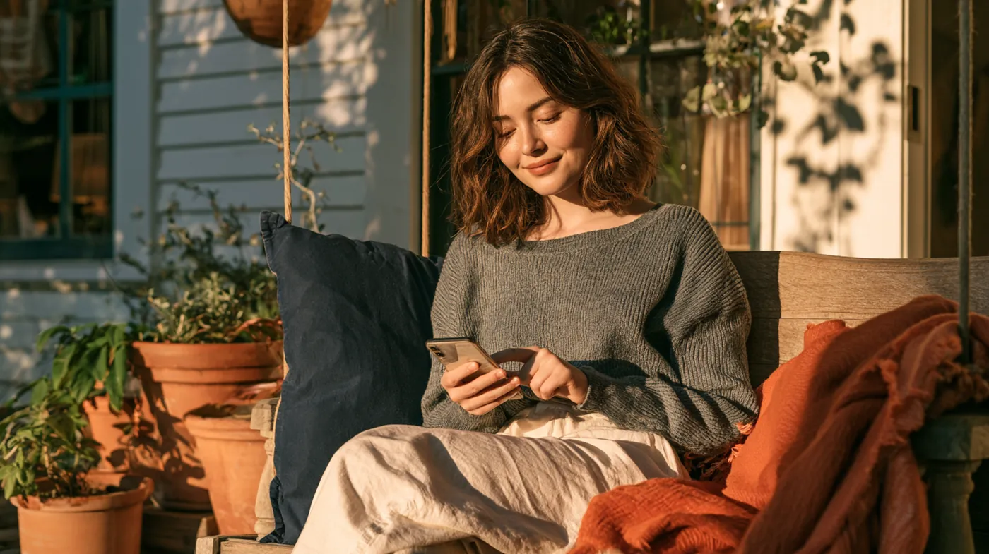 American woman completing a Kwik Cash loan request on her phone from a porch swing