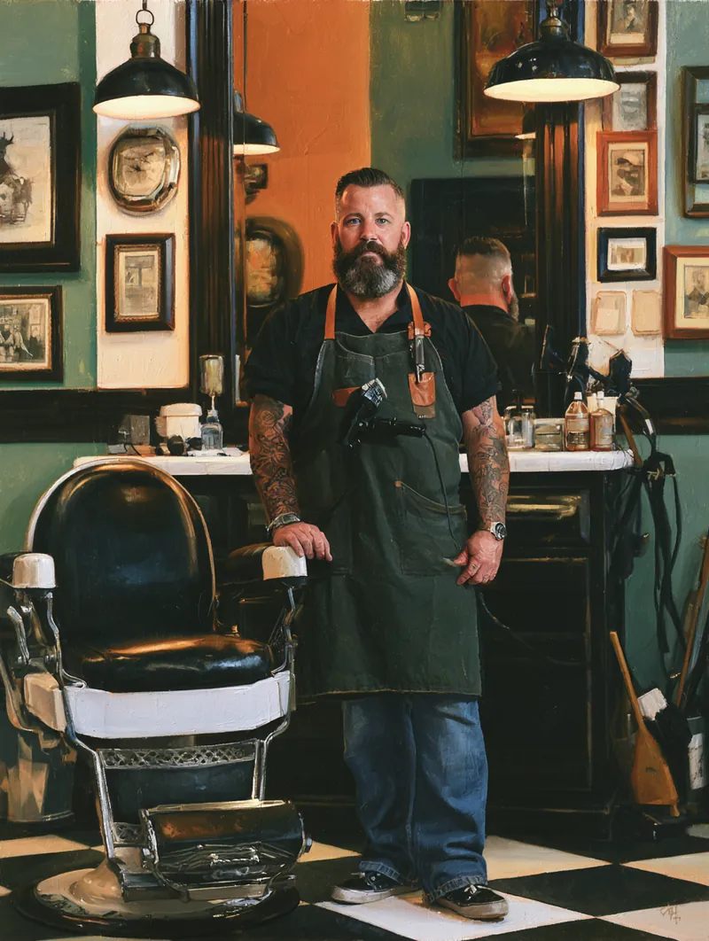 American barber in the shop he runs, rebuilding credit through steady installment payments