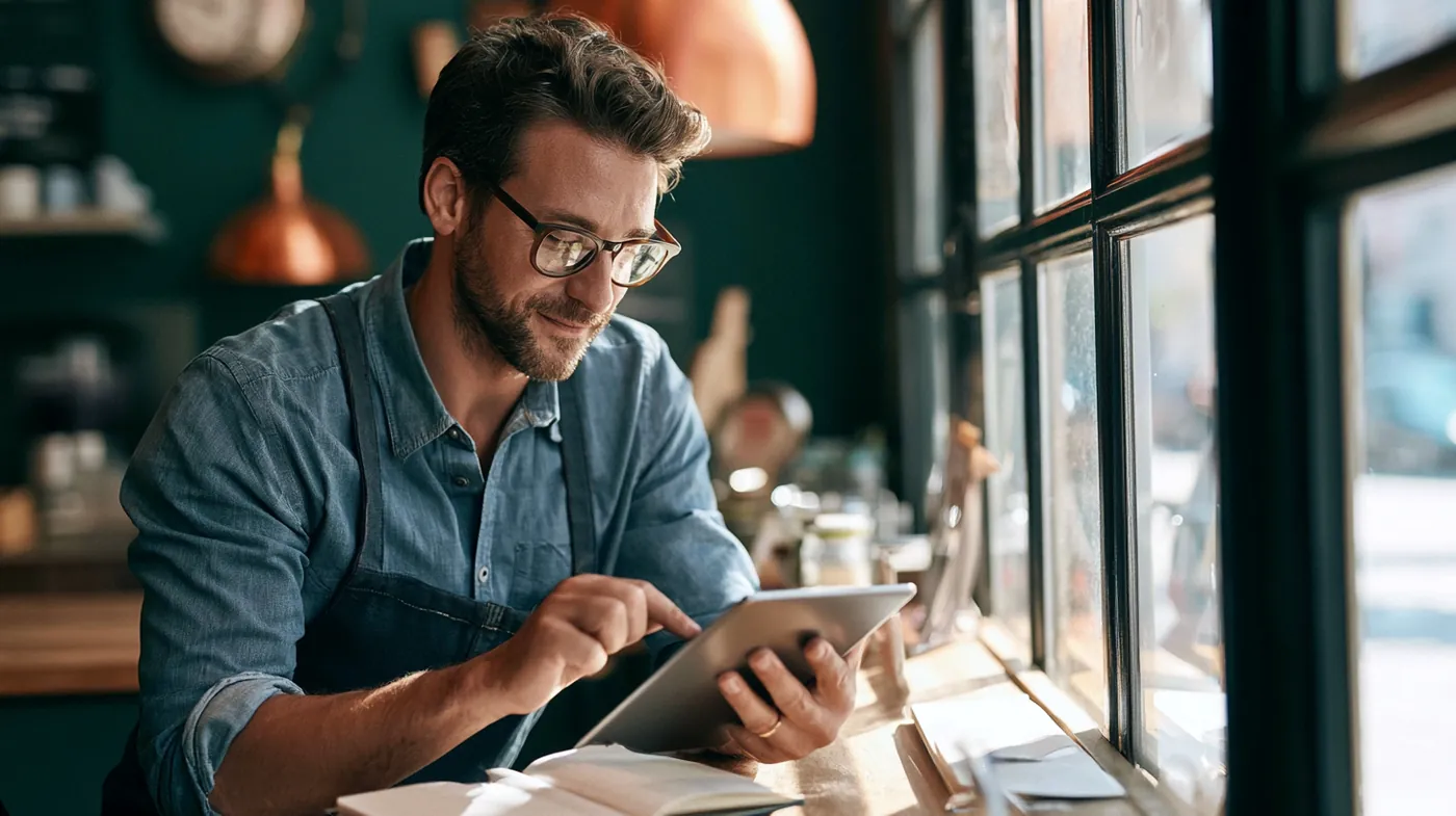 American reader with a tablet and coffee working through a borrowing guide
