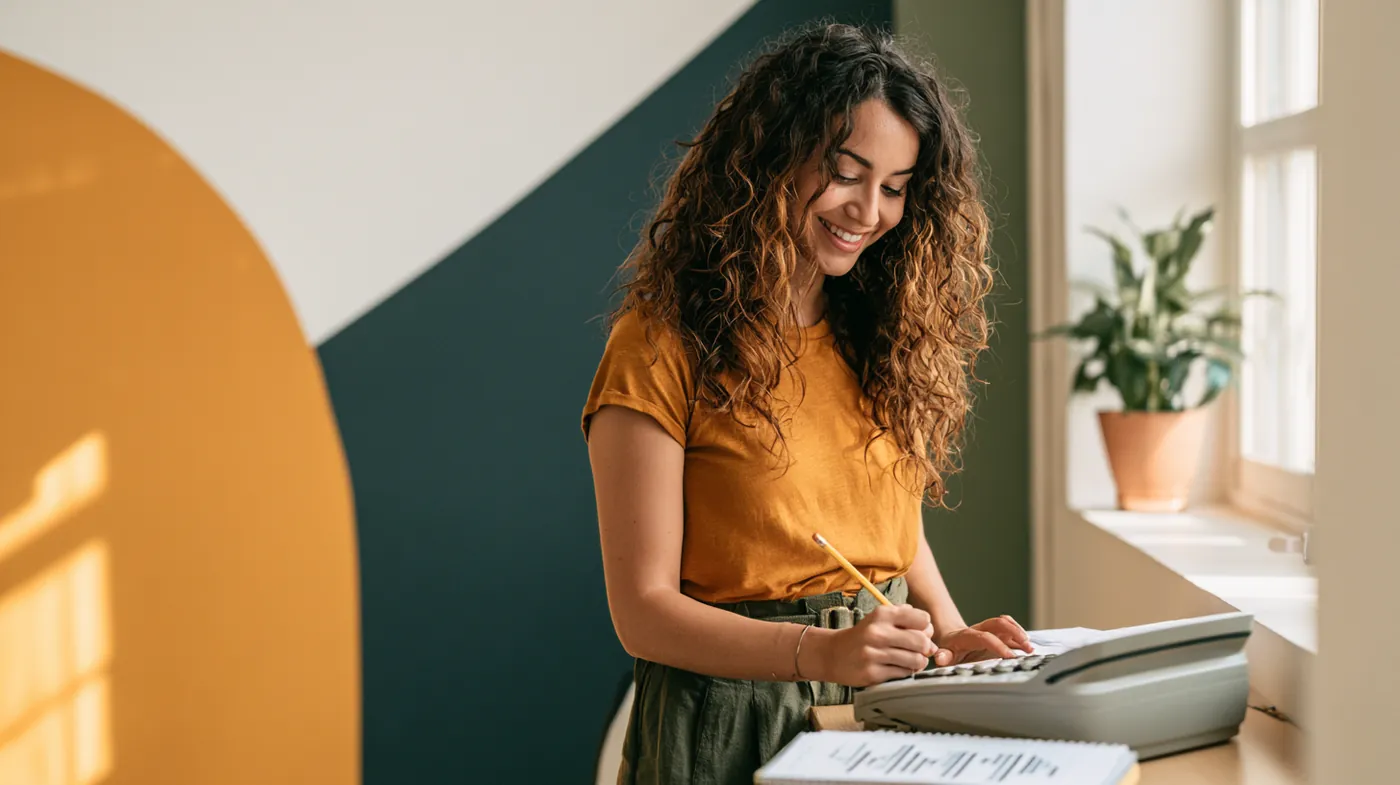 American woman at a standing desk working a loan payment estimate
