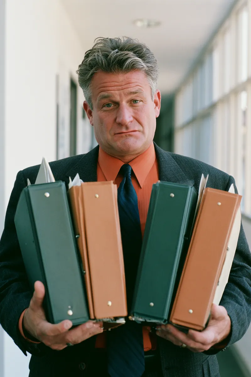 American man weighing two thick binders of lender terms side by side