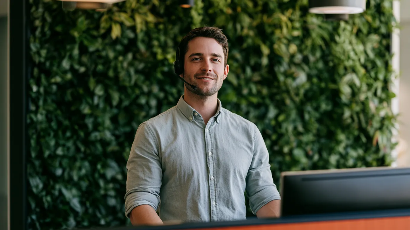 Kwik Cash support specialist at the front desk with a headset