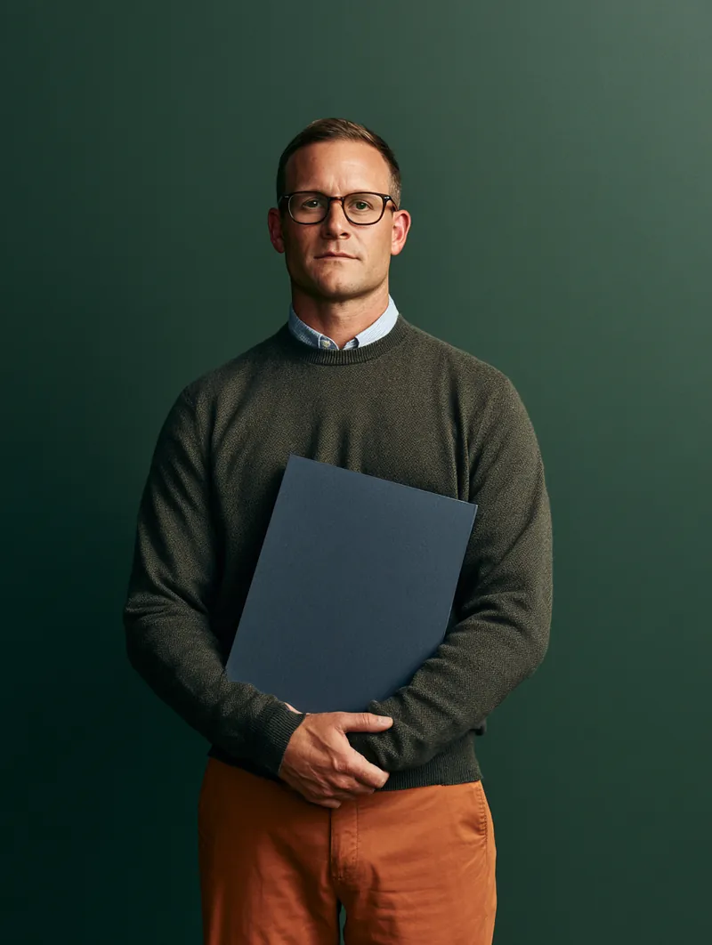 American man calmly holding a single closed folder representing his one consolidated payment
