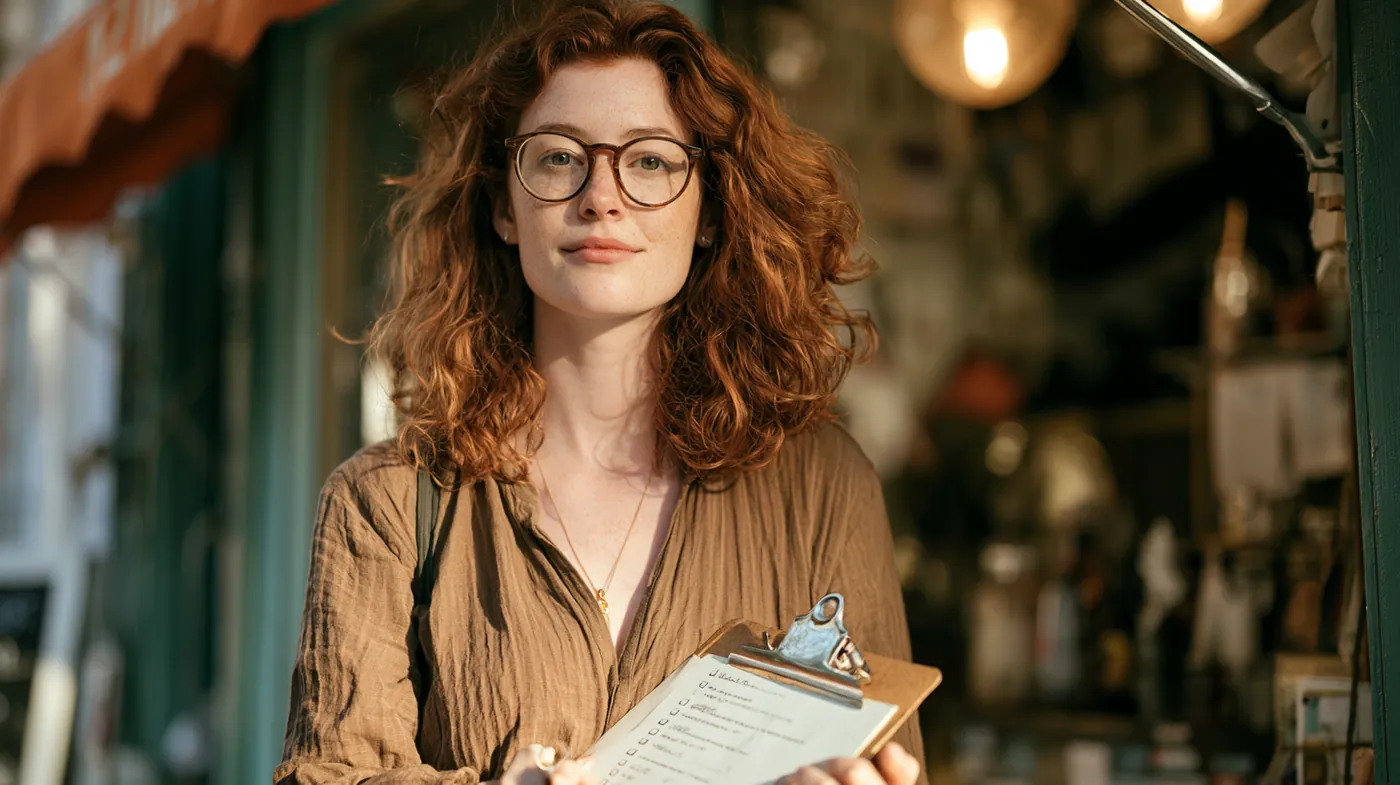 American shop owner holding her completed eligibility checklist outside her storefront
