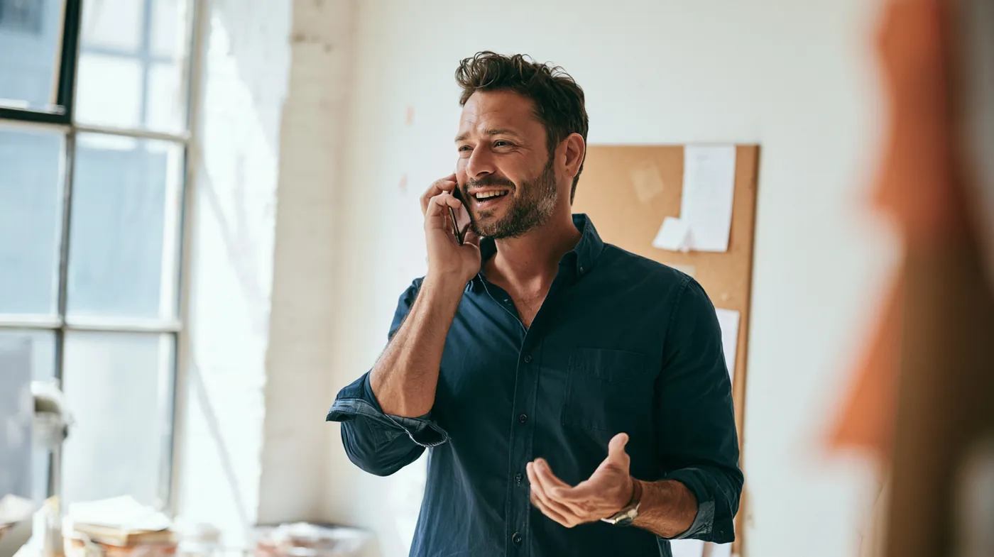 American man on the phone in a bright office answering borrower questions