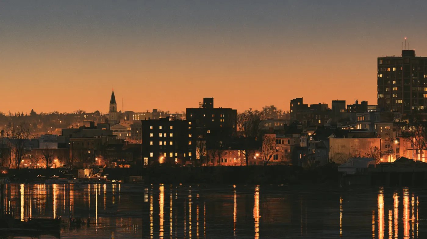 Panoramic view of a mid-size American downtown at dusk