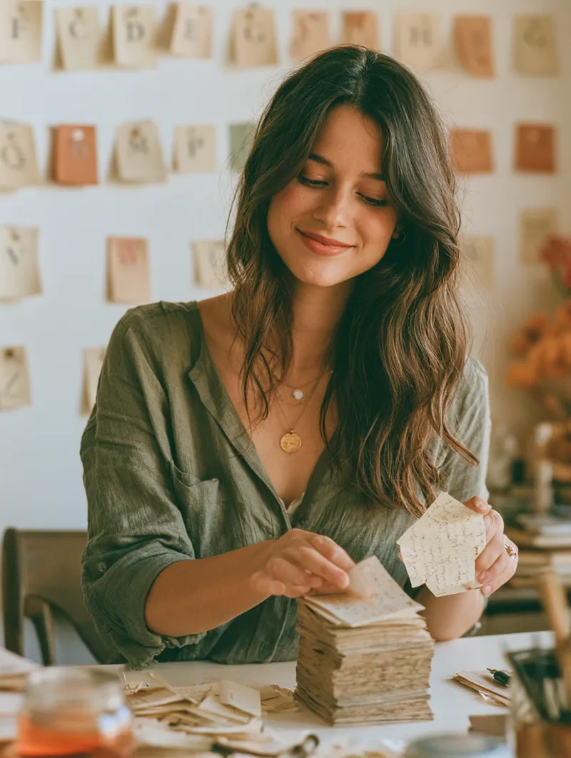 American woman sorting alphabetized index cards of loan terminology