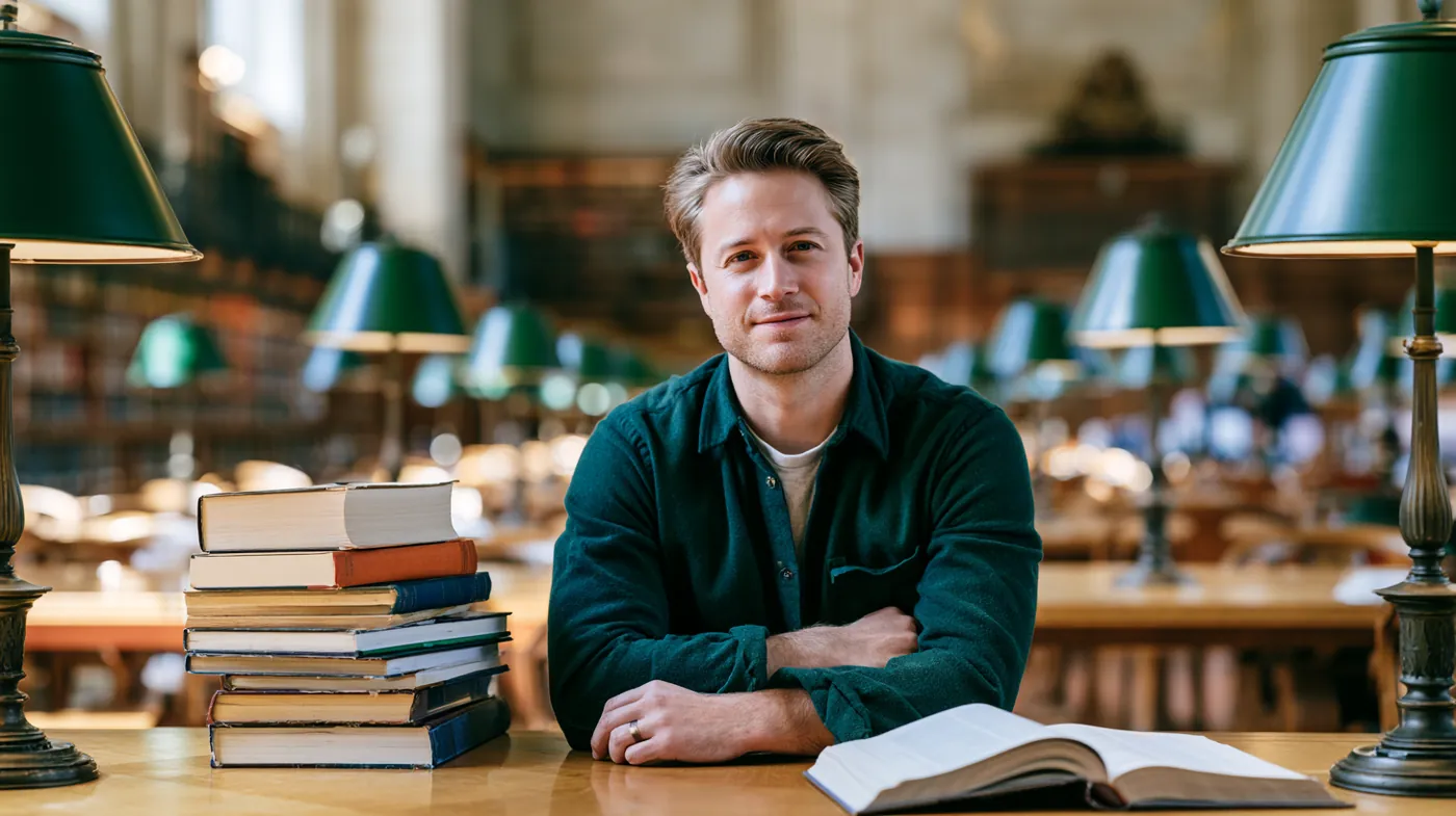American man with reference books open in a library reading room