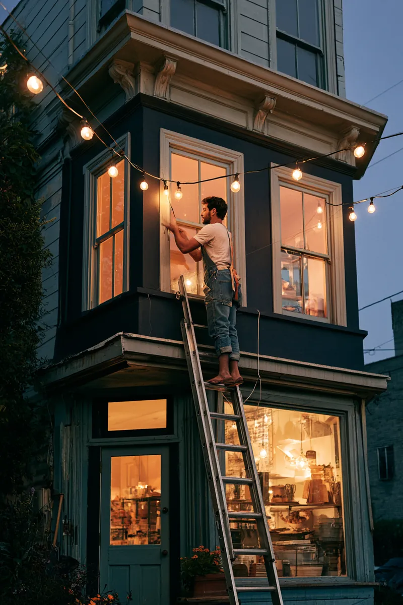 American shop owner on a stepladder stringing holiday lights across his storefront