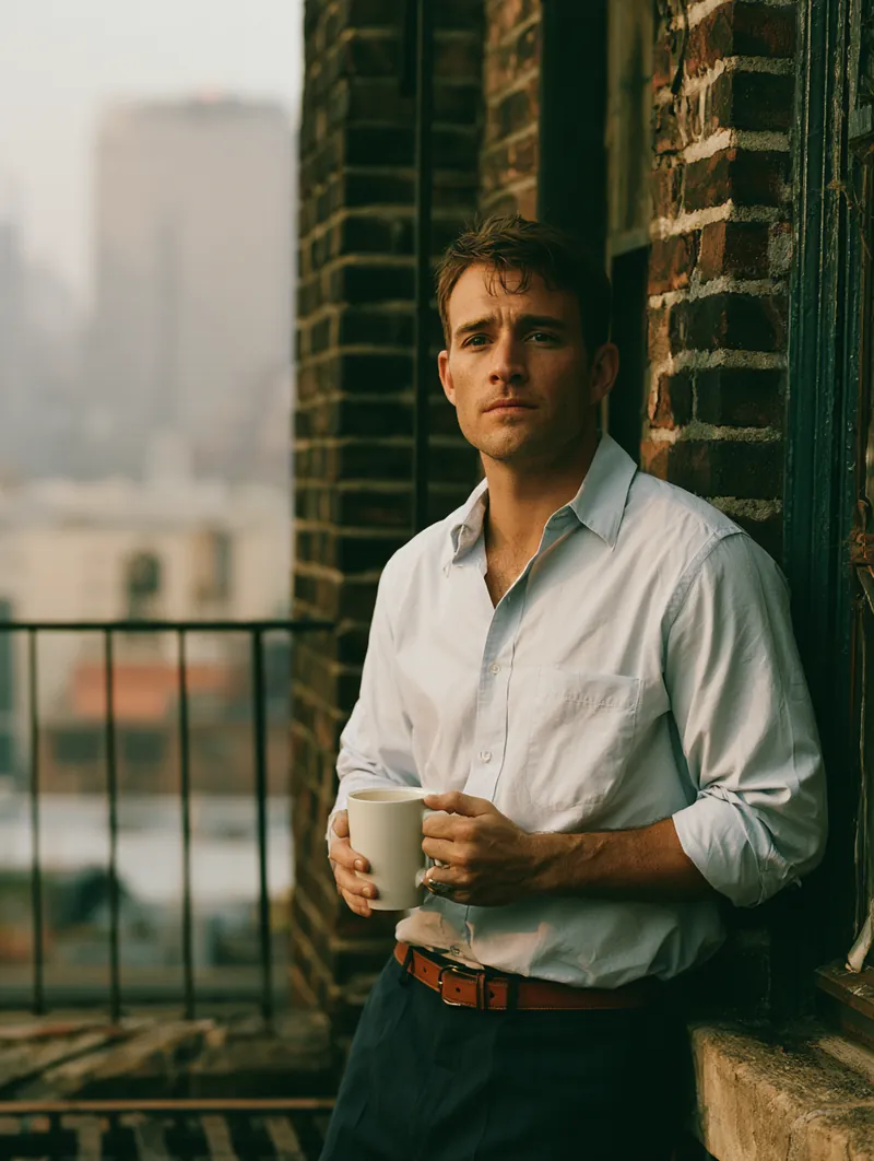 American man drinking coffee on a brick fire escape after finishing a Kwik Cash request on his phone