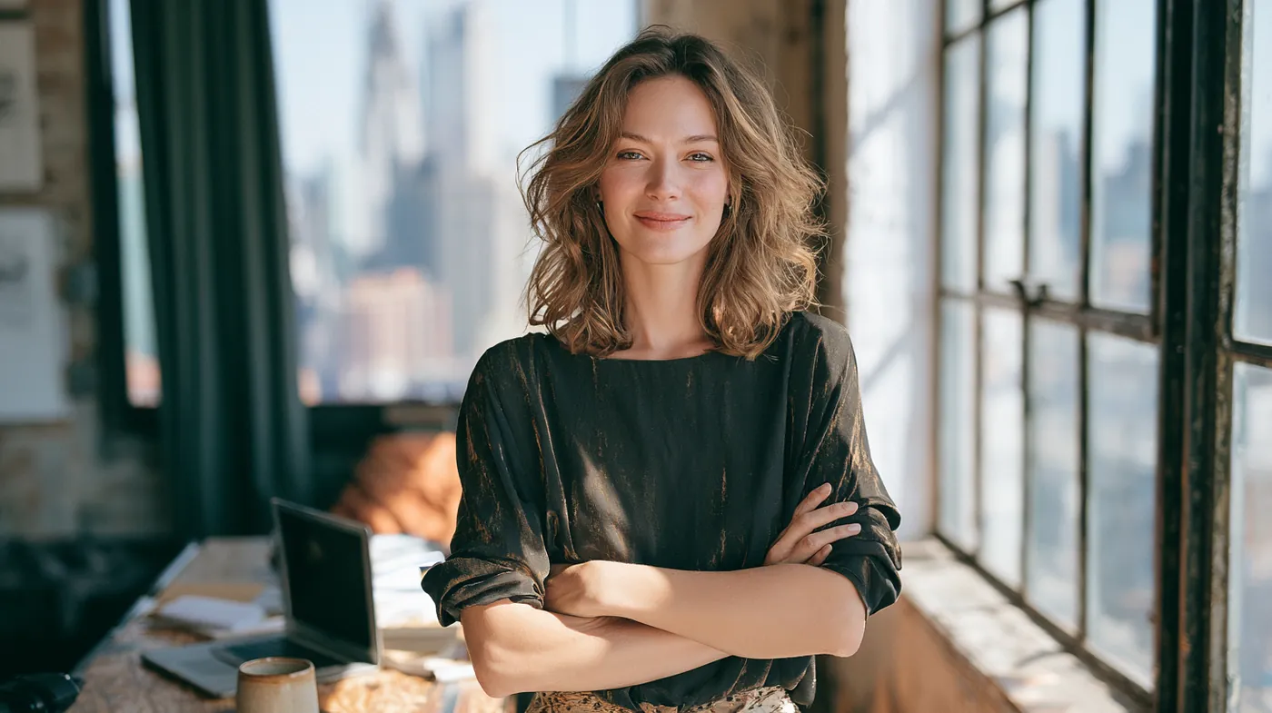 Confident American woman in a sunlit loft office after arranging a Kwik Cash personal loan