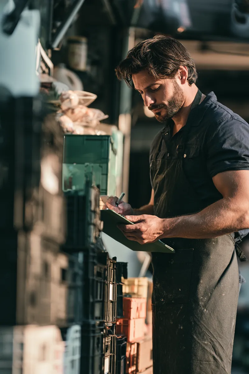 American food truck owner checking inventory at dawn, steady cash flow visible in his banking