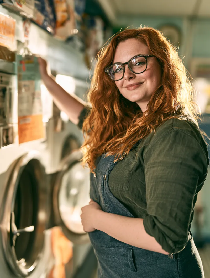 American laundromat owner updating a machine sign, rebuilding credit one on-time month at a time