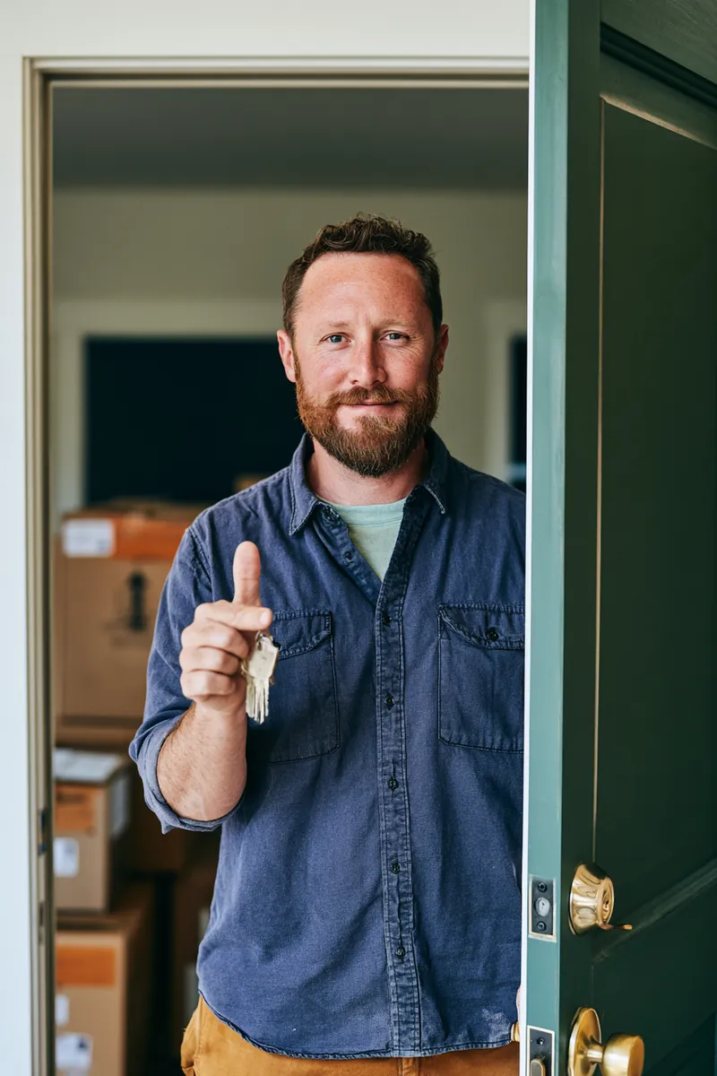 American man in the doorway of his new home, moving countdown complete
