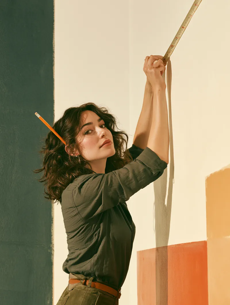 American woman measuring a wall in her empty new apartment while pricing the move