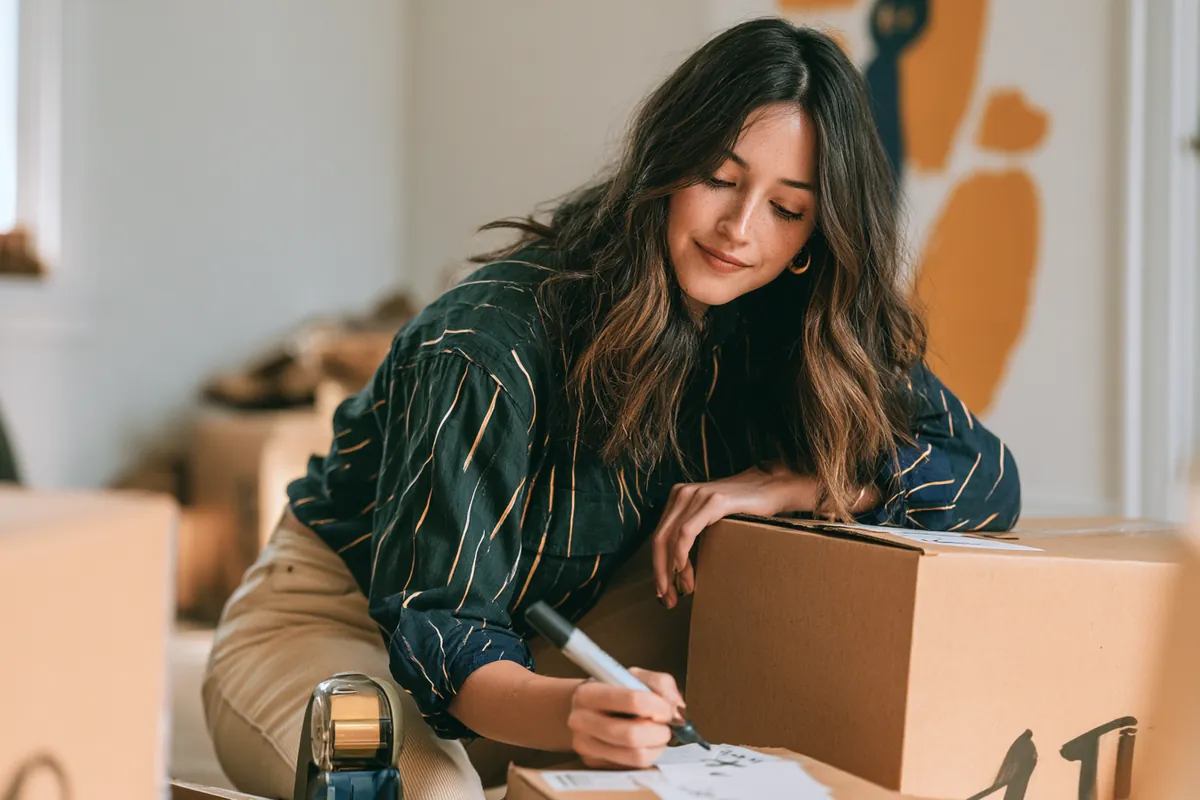 American woman with a tape measure sizing up her new place before the boxes arrive