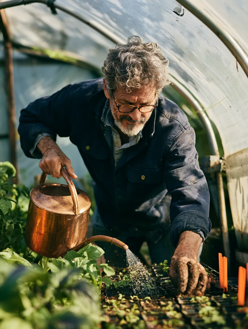 American man watering seedlings in the greenhouse he built as a phased home project
