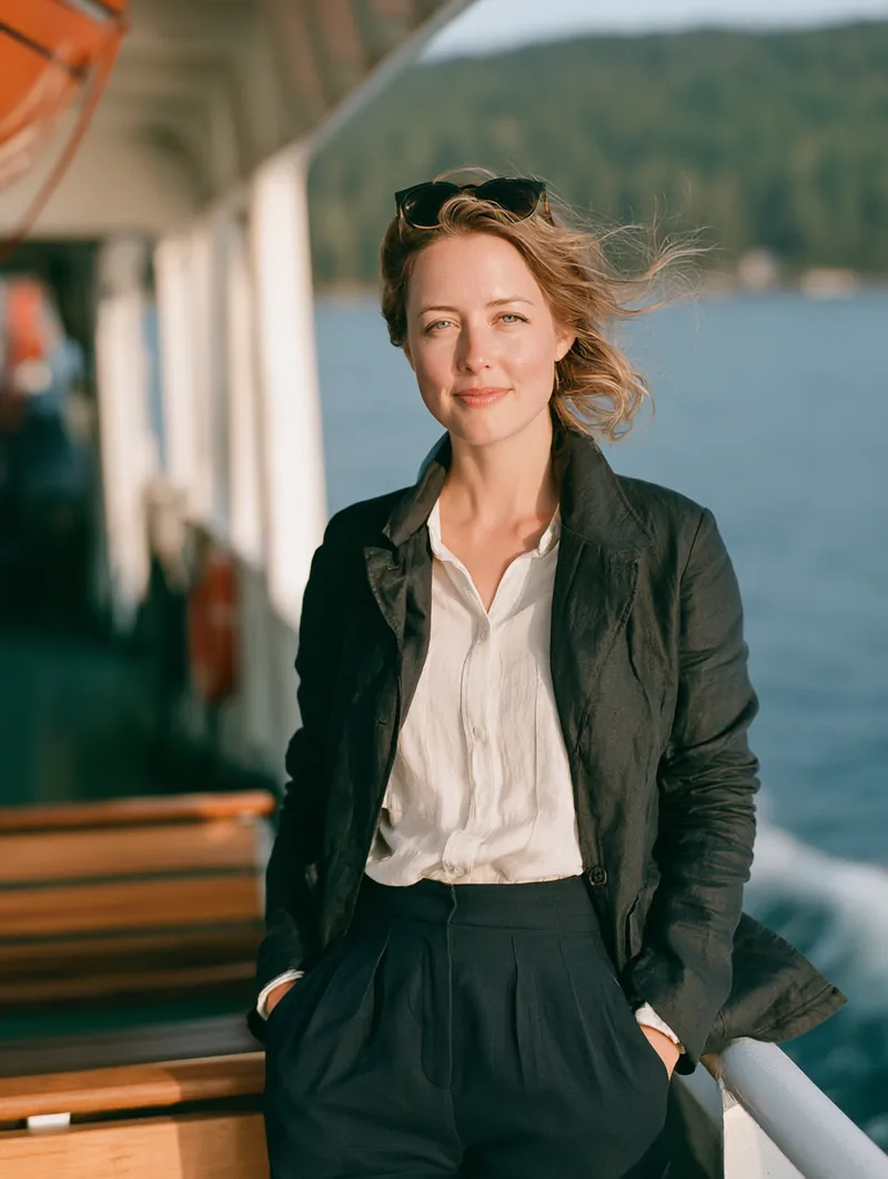 American traveler on a ferry deck, her trip financed at a fixed payment