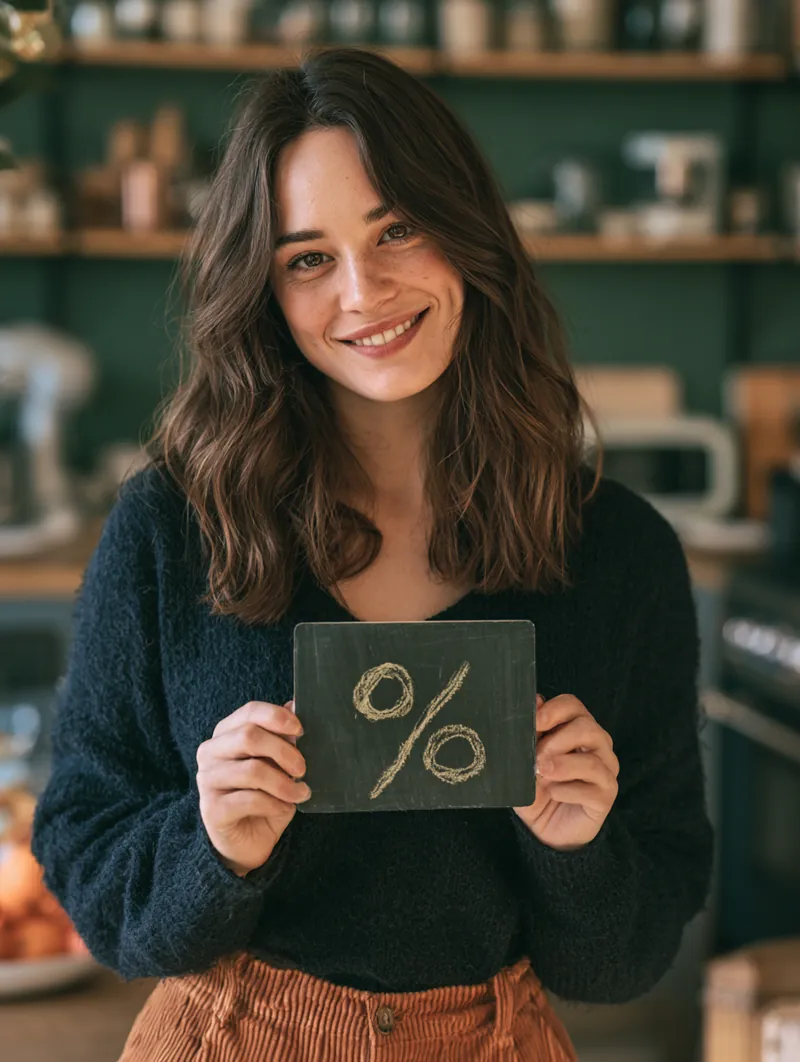 American woman holding a chalkboard with a hand-drawn percent symbol