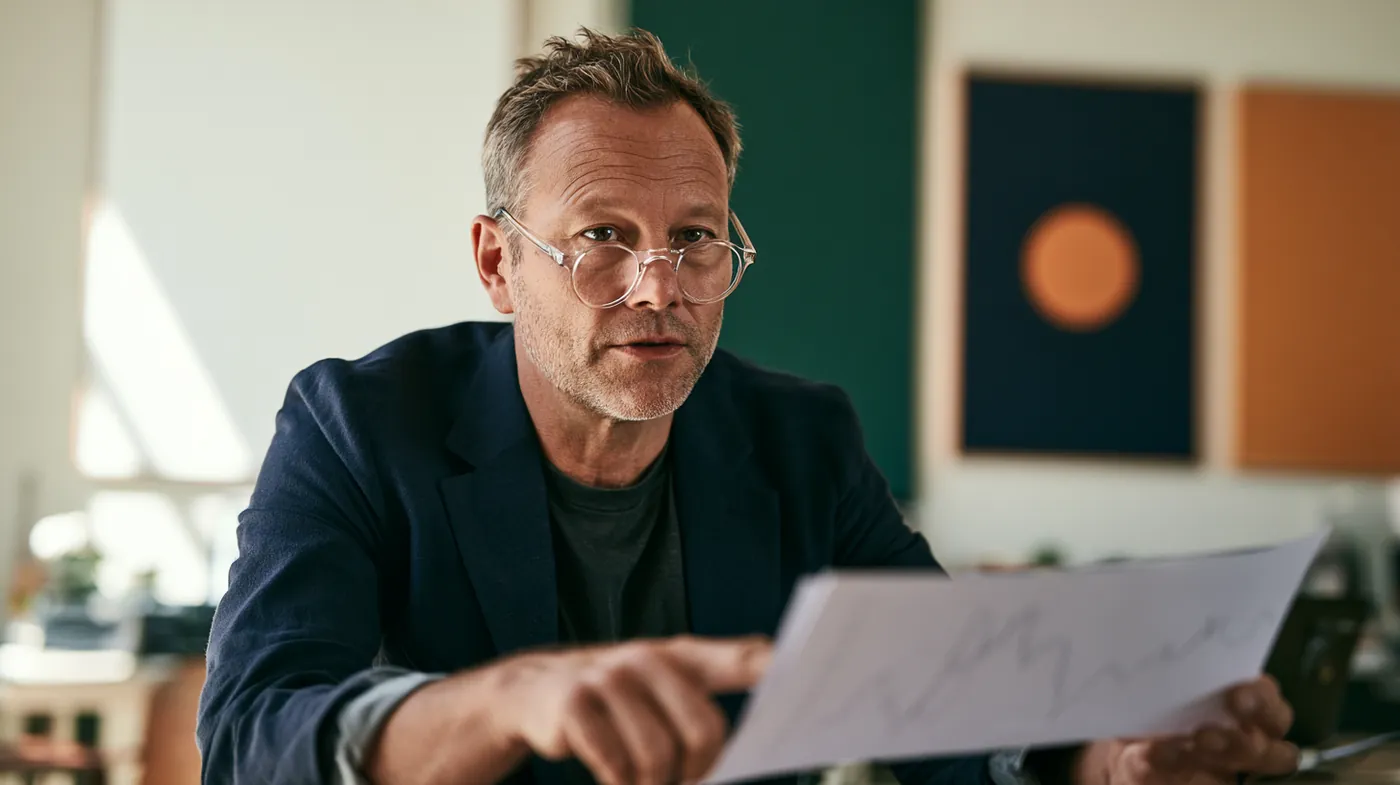 American man pointing at a printed rate chart while explaining APR bands