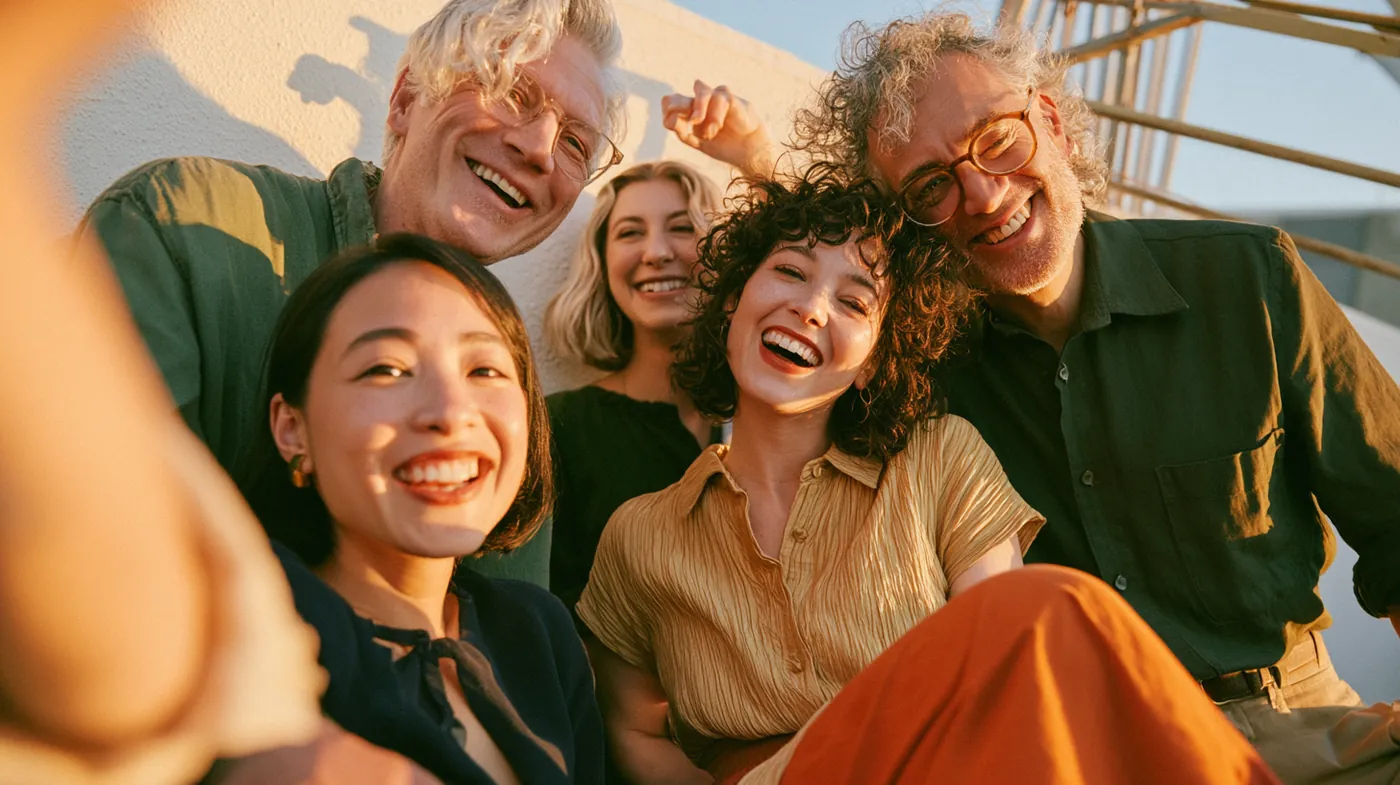 Four American friends on a rooftop, four of the customers behind the ratings
